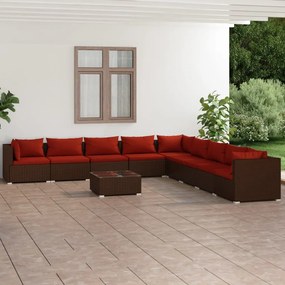 vidaXL 10 pcs conjunto lounge de jardim c/ almofadões vime PE castanho