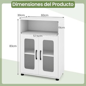 Armário para casa de banho 60 x 30 x 83 cm com 2 portas e estante ajustável de 3 níveis e Compartimento aberto branco