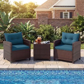 Conjunto de 2 Cadeiras de Exterior e Mesa Auxiliar, 67 x 64 x 77 cm, Ratan PE Entrançado à Mão, Castanho e Azul