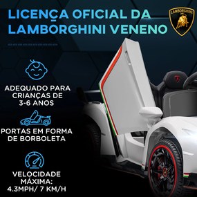 Carro Elétrico Lamborghini 12V Velocidade Máxima 7 km/h com Controlo Remoto MP3 Luzes e Cinto de Segurança 111x61x45 cm Branco