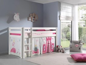 Conjunto Cama alta de Criança PINO 90 x 200 cm + estrado + escada + cortina Princesa Branca