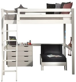 Conjunto Cama alta de Criança PINO 140 x 200 cm + estrado + escada + cómoda 4 gavetas + sofá-cama Branca