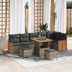 Conjunto de Sofá de Jardim vidaXL 9 Peças com Almofadas Cinzento Rattan Acácia