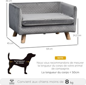 Sofá-cama para cães com design escandinavo, almofada macia e pés em madeira maciça 64 x 45 x 36 cm veludo cinzento