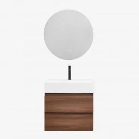 Conjunto De Móvel De Casa De Banho Em Madeira E Chapa De Freixo Com Lavatório Integrado Ona Madeira Escura & Redondo Led E - Sklum
