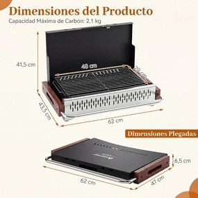 Grelhador a Carvão de Mesa Dobrável, 62 x 43,5 x 41,5 cm, Grelha Ajustável, Preto