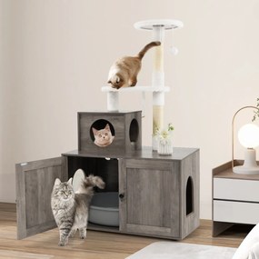 Caixa de areia para Gatos 2 em 1 com arranhador para Gatos, com esconderijo e divisão 77,5 x 49 x 132 cm Cinzento