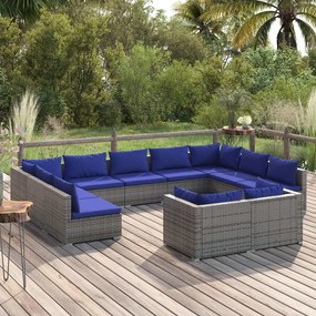 11 pcs conjunto lounge de jardim c/ almofadões vime PE cinzento