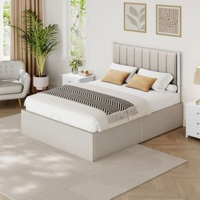 Estrutura de cama 140 x 200 cm (COLCHÃO NÃO INCLUIDO) com espaço de arrumação por baixo da cama; cabeceira em bege cappuccino