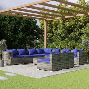 10 pcs conjunto lounge de jardim c/ almofadões vime PE cinza
