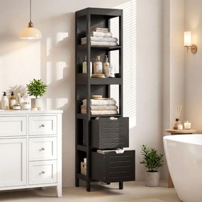 Armário para casa de banho 30,5 x 30,5 x 144 cm com 2 gavetas e 3 estantes Preto