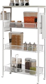 Carro de cozinha com rodas, carrinho de arrumação com 3 cestos, 1 cesto suspenso e ganchos, 58 x 18,5 x 87 cm, branco