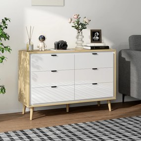 Cómoda 6 Gavetas 110x40x75 cm Quarto com Pernas de Madeira Estilo Moderno  Branco Brilhante e Carvalho