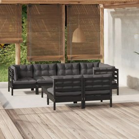 vidaXL 8 pcs conjunto lounge jardim c/ almofadões pinho maciço preto