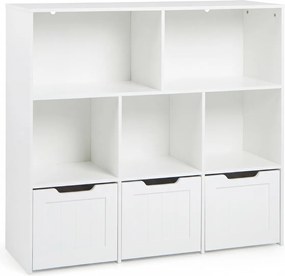 Estante infantil para brinquedos 100 x 33 x 90 cm com 5 compartimentos abertos e 3 gavetas móveis – Organizador de brinquedos com rodas para sala de j
