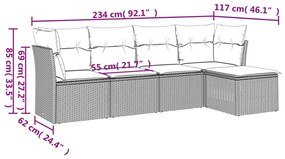 5 pcs conj. sofás jardim c/ almofadões vime PE cinzento-claro