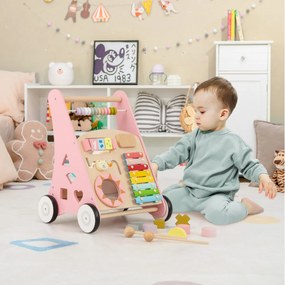 Andarilho de Bebé em Madeira Brinquedo Educativo de Atividade em Madeira com Rodas de Borracha Aprender a Andar para Bebés Rosa