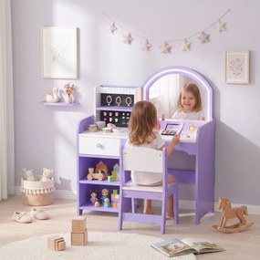 Penteadeira de Maquilhagem para Menina com Espelho LED de 2 Cores, Banco, Suportes para Joias, Gaveta e Compartimentos, Roxo