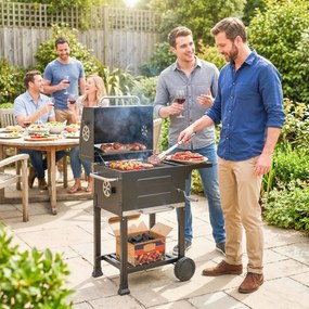 Grelhador de Carvão Portátil com Grelha em Aço Inoxidável, Prateleira Lateral, Termómetro, Bandeja e Rodas, Preto