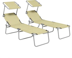 Outsunny Conjunto de 2 Espreguiçadeiras Dobráveis para Jardim com Toldo e Encosto Regulável, Espreguiçadeiras de Jardim em Tecido Oxford e Metal, para Praia, Piscina, 187x58x36 cm, Bege | Aosom Portugal