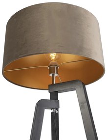 Candeeiro de pé tripé preto com cúpula bege e dourado 50 cm - Puros Country / Rústico
