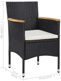 3 pcs conjunto jantar p/ jardim vime PE e madeira maciça preto