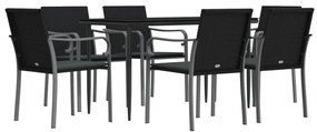 7 pcs conjunto de jantar p/ jardim c/ almofadões vime PE e aço