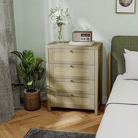 Cómoda com 4 gavetas, móvel de arrumação de estilo boémio com portas em resina trançada, 70 x 38 x 93 cm, efeito de madeira natural