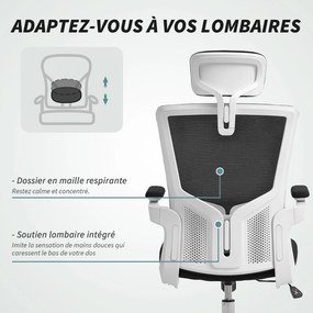 Cadeira de escritório ergonómica, cadeira de escritório, braços rebatíveis, apoio lombar, apoio para a cabeça, 60 x 63 x 120 cm, preta
