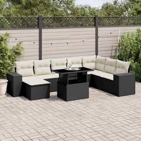 9 pcs conjunto de sofás p/ jardim c/ almofadões vime PE preto