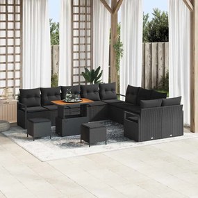 Conjunto de Sofá de Jardim com Almofadas vidaXL 13 Peças Preto Rattan Poliéster Acácia