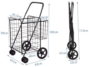 Carrinho de Compras Duplo Portátil com Rodas Giratórias Cesto Metálica Dupla para Roupa Bagagem de Alimentos 61 x 62 x 102 cm Preto