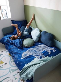 Conjunto capa de edredon com detalhes fosforescentes + fronha de almofada para criança, tema Urso Polar azul escuro liso com motivo