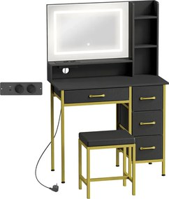 Toucador de Maquilhagem com Espelho, Luzes LED Estação de Carregamento 4 Gavetas e Banco 88x40x134 cm Preto