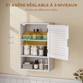 Armário de parede para casa de banho 40x20x60 cm com porta de ripas, prateleira ajustável e compartimento aberto, branco