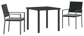 Conjunto de Jantar de Jardim 3 Peças com Almofadas Preto Rattan Poliés