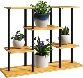 Suporte para plantas de interior com 6 prateleiras, estrutura em aço e base em madeira maciça, 80 x 24 x 61,5 cm, madeira natural