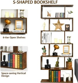 Estante decorativa em forma de S  80 x 23 x 191 cm com 6 prateleiras de madeira multifuncional para sala, quarto ou escritório Café