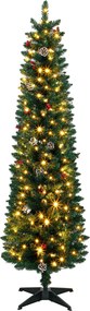 Árvore de Natal Estreita com 170 Luzes LED Bicolor, 180 cm, 351 Ramos Ignífugos, 11 Modos, 25 Pinhas, 25 Bagas Vermelhas, Comando, Verde