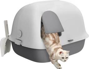 Caixa de areia para gatos com porta, pá e tampa frontal que se abre, 58 x 46 x 39 cm, cinzento claro e branco