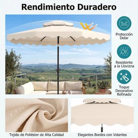 Guarda-sol de 300 cm com inclinação bidirecional de 30° (BASE NÃO INCLUIDA), teto ventilado, 2 camadas, 8 varas metálicas e folhos, para pátio e pisci