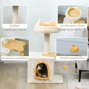 Árvore para gatos de 72 cm, poleiro macio, plataforma em forma de peixe, compartimentos abertos, postes de sisal, bola, bege