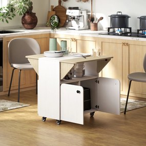 Mesa de jantar dobrável com roda 70 x 83 x 75 cms, mesa de cozinha para 4 pessoas, 2 abas rebatíveis, prateleira, armário, branco,  e cor natural
