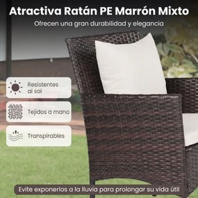 Conjunto de jardim de 3 peças: cadeiras de vime castanho misto com mesa de vidro temperado de dupla camada Castanho com almofadas brancas