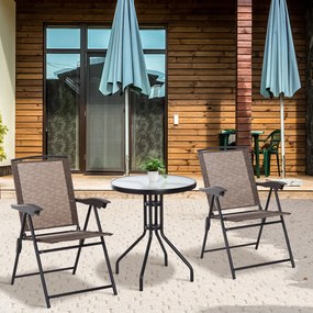 Conjunto de jardim de 3 peças: 2 cadeiras reclináveis com várias posições e dobráveis + mesa redonda em vidro temperado Castanho