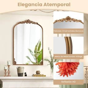 Espelho Curvo para Parede 90 x 61 cm Barroco Ornamentado Tradicional Vintage Dourado com Moldura de Metal Dourado