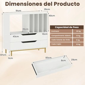 Suporte para gira-discos e para discos de vinil 91 x 36 x 87 cm com compartimento aberto 4 prateleiras e 2 gavetas e pés de metal branco