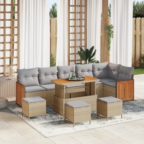 Conjunto de Sofá de Jardim de 10 Peças com Almofadas Bege Rattan Sintético Acácia
