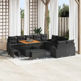 Conjunto de Sofás de Jardim vidaXL 13 Peças com Almofadas Rattan de Poliéster Preto