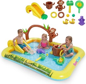 Piscina insuflável infantil 207 x 168 x 77 cm com escorrega e jato de água em forma de arco com animais, centro de jogos aquáticos para exterior Multi